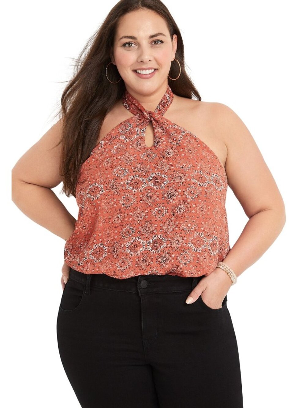 Maurices Bodysuit Size XXL Medallion Print Halter Neck Sleeveless Rust Orange